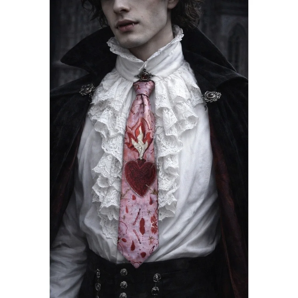 Sacred Heart Embroidery Printed Neck tie Pink Flaming Heart Gothic Victorian Bow